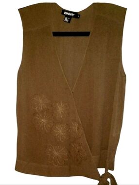 DKNY Silk Wrap Top Floral Brown Blouse Semi Sheer Applique Flowers Waist Tie 6 M